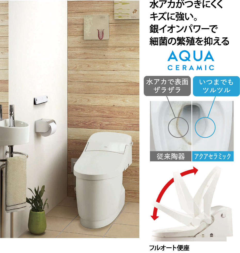 水アカがつきにくくキズに強い。銀イオンパワーで細菌の繁殖を抑える AQUA CERAMIC
